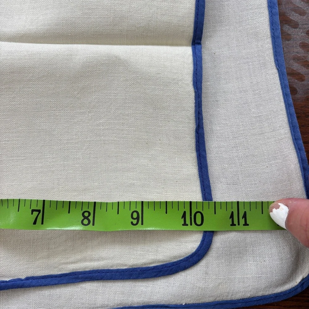 Vintage Embroidered Linen Tablecloth and Napkins Set Floral Blue Trim 5pc